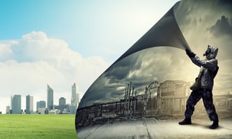 Image of man in gas mask turning page. Ecology concept.jpeg